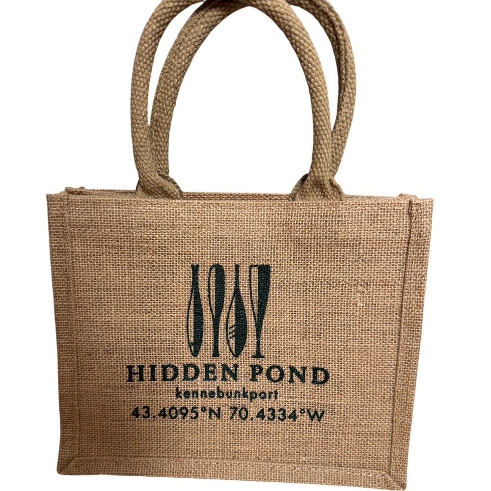 Hidden Pond Kennebunkport Maine Jute Burlap Tote Bag Oars Coordinates Tan Small